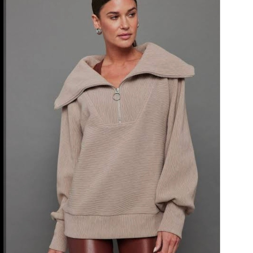 Varley Vine Half Zip Ottoman Ribbed Pullover Sweatshirt Taupe Size S Oversized